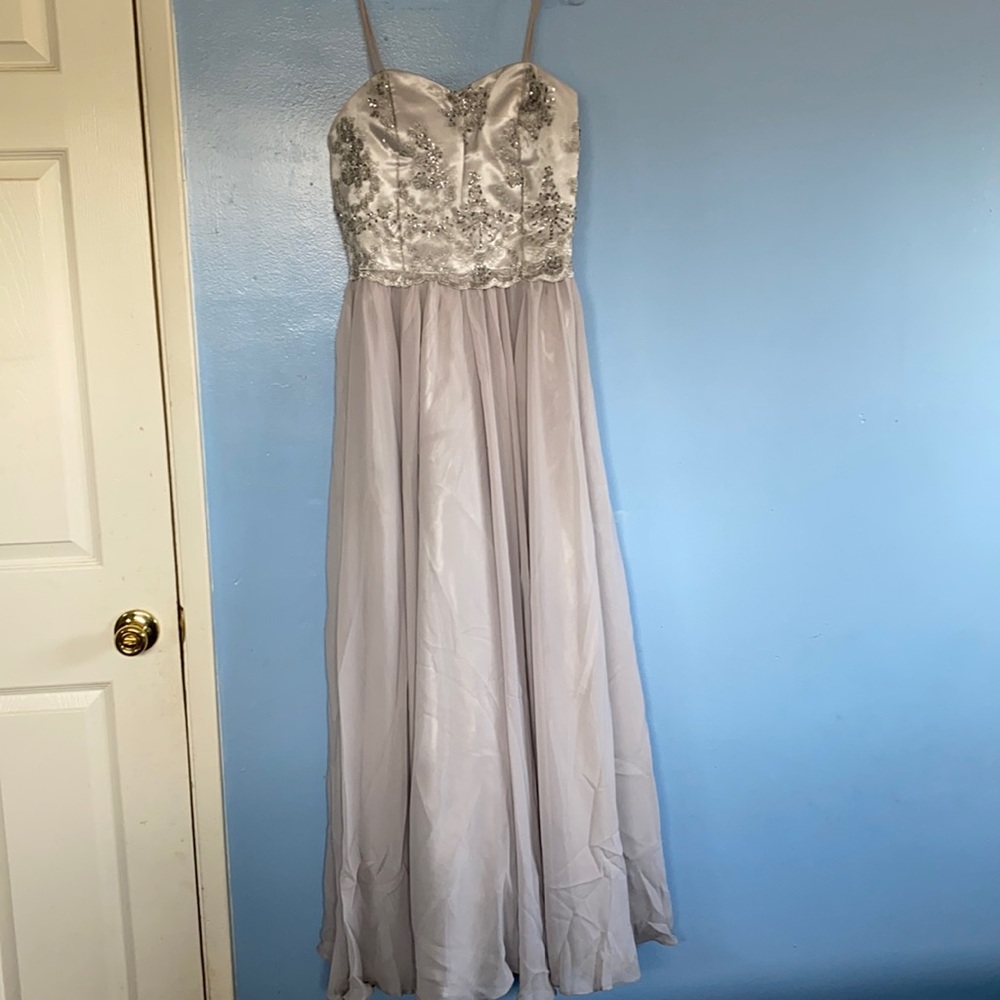 Handmade embroidered flowy grey prom dress
